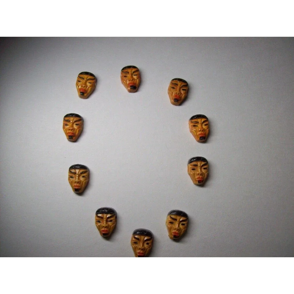 Lot Of 10 Vintage 1960s Weird Tribal Face Masks Resin Coated Cabochon NOS Crafts